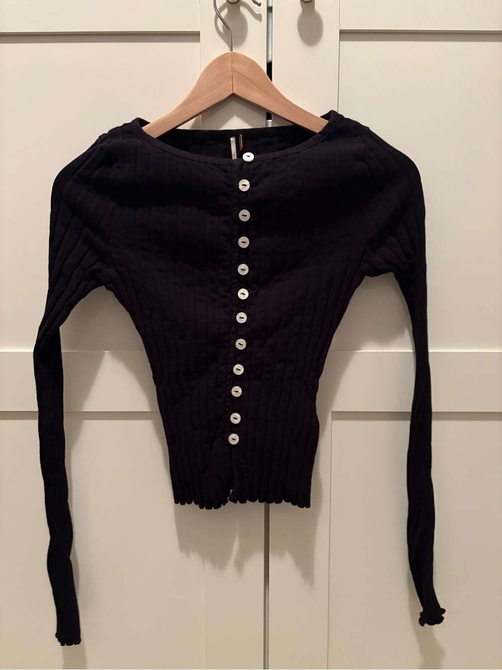 Free People Black Ribbed Button-Front Long Sleeve Top
